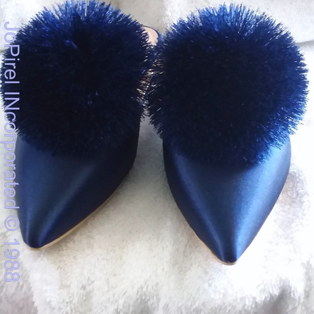Rare Blue Satin Designer Pom-Pom Pointed Toe Mule
